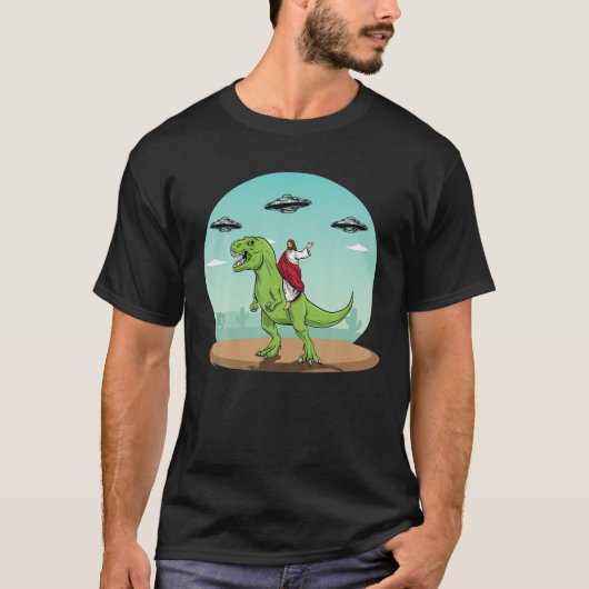 Jesus Riding A Dinosaur Funny Bigfoot UFO Alien Ab T-Shirt (Vorderseite)