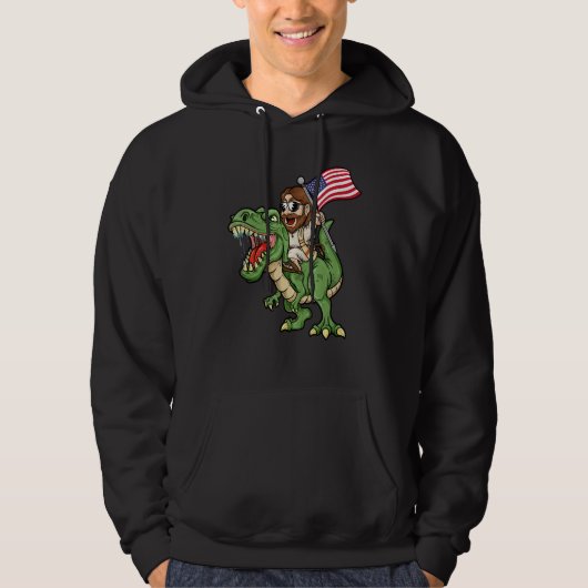 Jesus Riding A Tyrannosaurus Rex Dinosaur USA Flag Hoodie (Vorderseite)