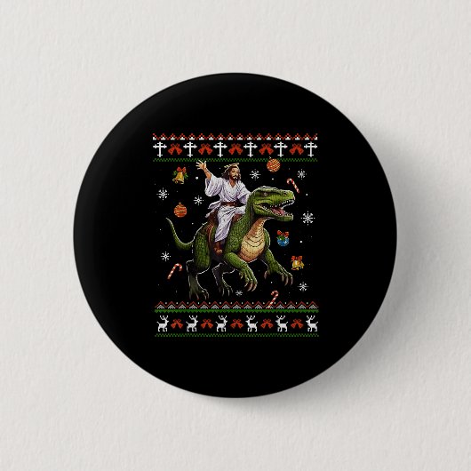 Jesus Riding Dinosaur Funny Meme Ugly Christmas Sw Button (Vorderseite)