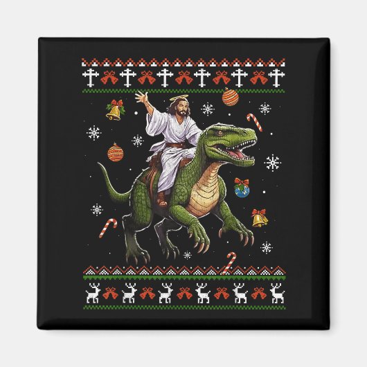 Jesus Riding Dinosaur Funny Meme Ugly Christmas Sw Magnet (Vorne)