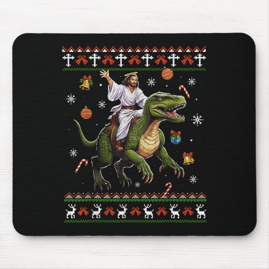 Jesus Riding Dinosaur Funny Meme Ugly Christmas Sw Mousepad (Vorne)