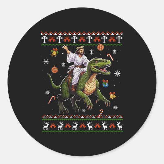 Jesus Riding Dinosaur Funny Meme Ugly Christmas Sw Runder Aufkleber (Vorderseite)