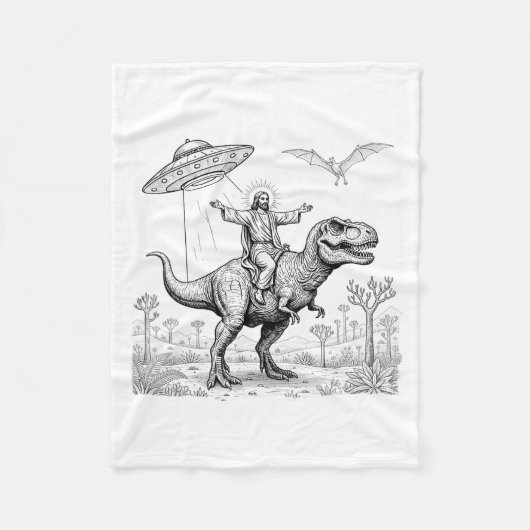 Jesus Riding Dinosaur T-rex Ufo Hunting Alien Sci- Fleecedecke (Vorderseite)