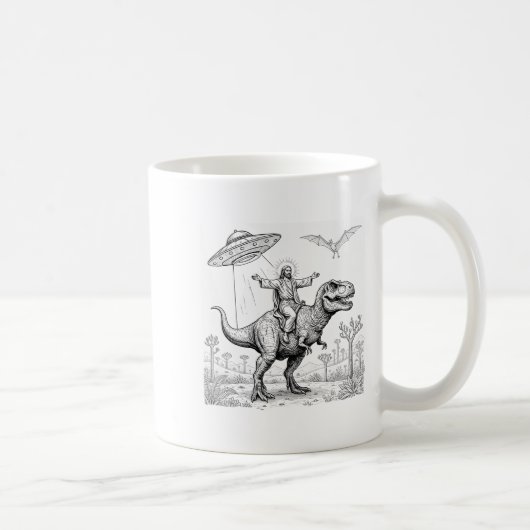 Jesus Riding Dinosaur T-rex Ufo Hunting Alien Sci- Kaffeetasse (Rechts)