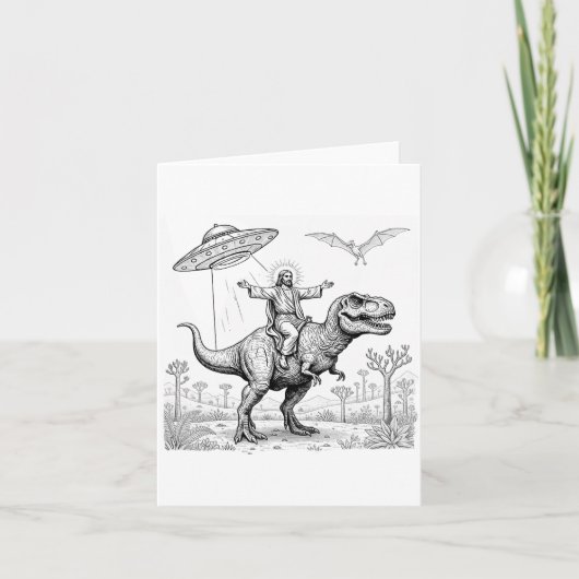 Jesus Riding Dinosaur T-rex Ufo Hunting Alien Sci- Karte (Vorderseite)