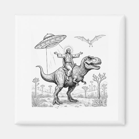 Jesus Riding Dinosaur T-rex Ufo Hunting Alien Sci- Magnet (Vorne)