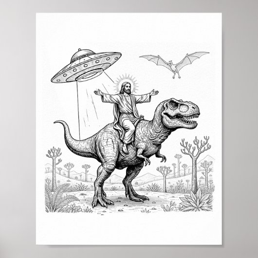 Jesus Riding Dinosaur T-rex Ufo Hunting Alien Sci- Poster (Vorne)