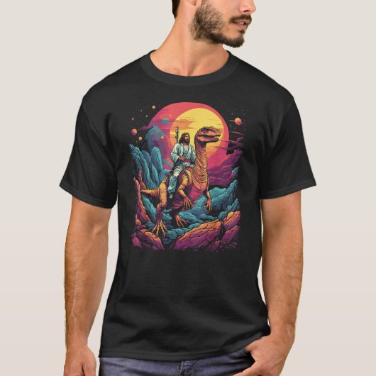 Jesus Riding in Space T-Rex Dinosaur Meme Sci-Fi B T-Shirt (Vorderseite)