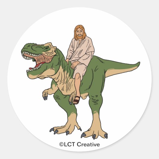 Jesus Riding T-Rex Runder Aufkleber (Vorderseite)