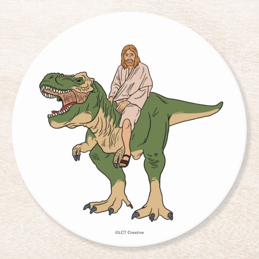 Jesus Riding T-Rex Runder Pappuntersetzer (Vorderseite)