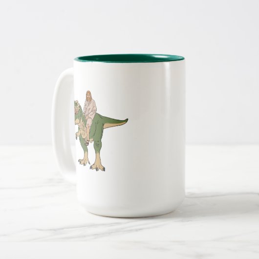 Jesus Riding T-Rex Zweifarbige Tasse (Vorderseite Links)
