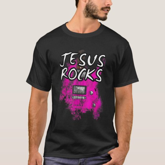 Jesus Rocks Gitarre Electric Gitarrist Christlich T-Shirt (Vorderseite)