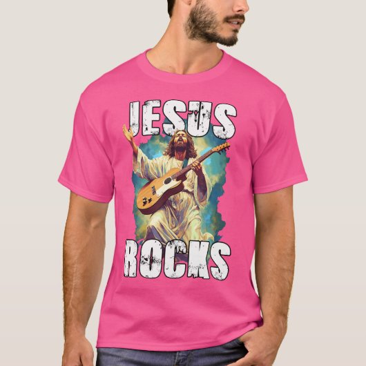 Jesus Rocks with Gitarre - Funny Christlich Rocks T-Shirt (Vorderseite)