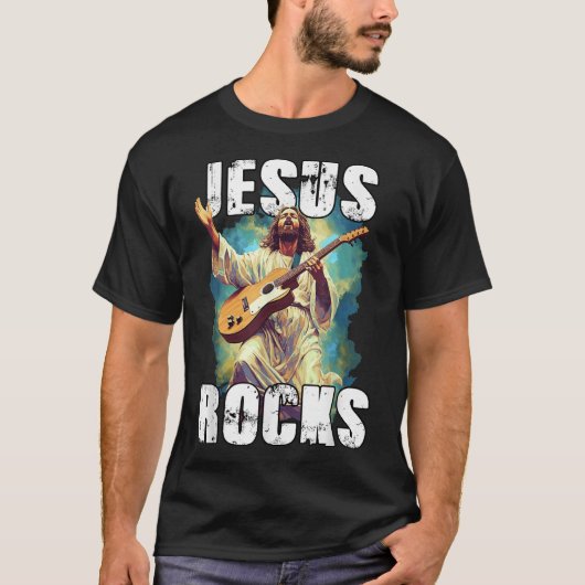Jesus Rocks With Guitar - Funny Christian Rocks Ch T-Shirt (Vorderseite)