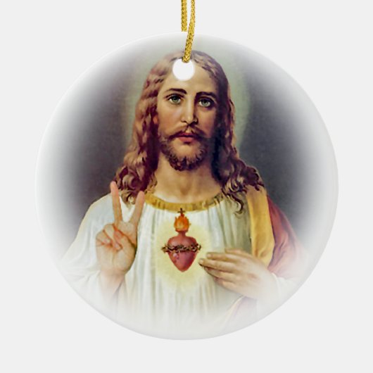 Jesus Sacred Heart Peace Sign Portrait Keramik Ornament (Vorne)