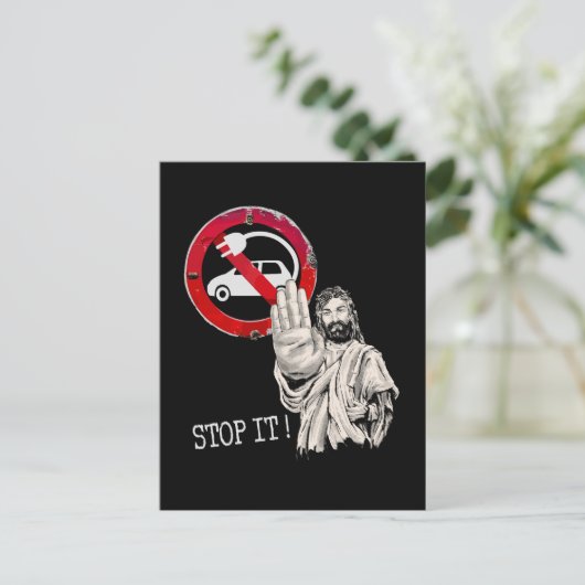 Jesus sagt nein zu Elektroautos Postkarte (Stehend Vorderseite)