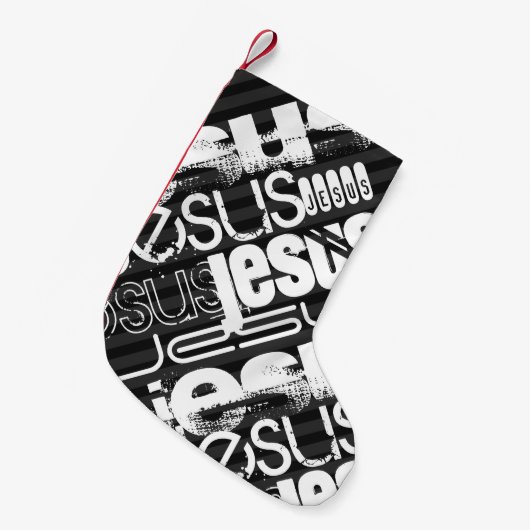 Jesus; Schwarz und Dunkelgrau Streifen Kleiner Weihnachtsstrumpf (Vorderansicht (hängend))