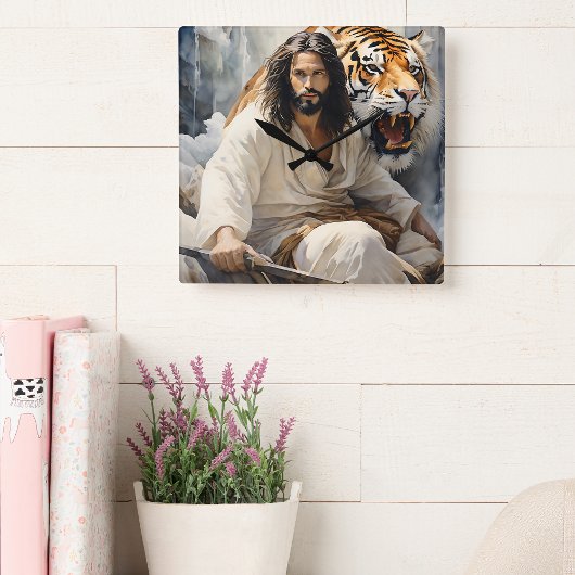Jesus sitzt auf einem Felsen mit Tiger Quadratische Wanduhr