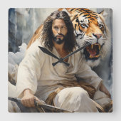 Jesus sitzt auf einem Felsen mit Tiger Quadratische Wanduhr (Vorderseite)