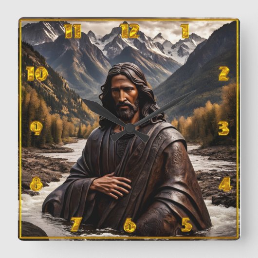 Jesus Statue in der Landschaft des Berges River Quadratische Wanduhr (Vorderseite)