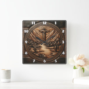 Jesus Stehend über einer ruhigen Landschaft Quadratische Wanduhr