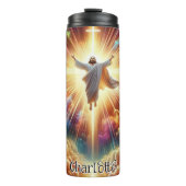 Jesus steigt in Richtung eines Kreuzes Thermosbecher (Vorderseite)