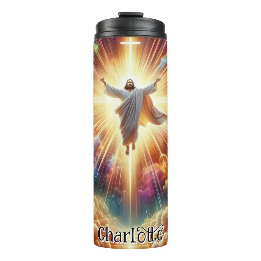 Jesus steigt in Richtung eines Kreuzes Thermosbecher (Vorderseite)