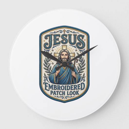 Jesus Stickpatch Look Jesus Stickpatch Große Wanduhr (Vorderseite)