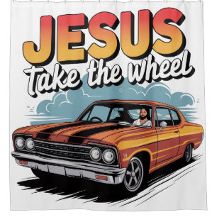 Jesus übernimmt das Steuer Vintage-Muskelauto Duschvorhang