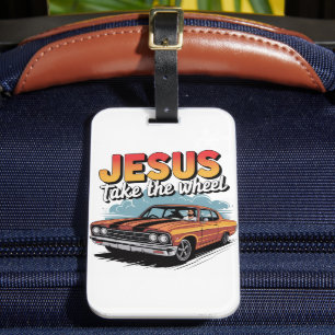 Jesus übernimmt das Steuer Vintage-Muskelauto Gepäckanhänger