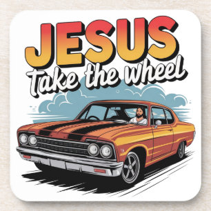 Jesus übernimmt das Steuer Vintage-Muskelauto Getränkeuntersetzer