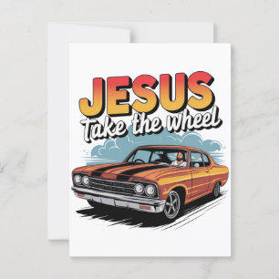 Jesus übernimmt das Steuer Vintage-Muskelauto Postkarte