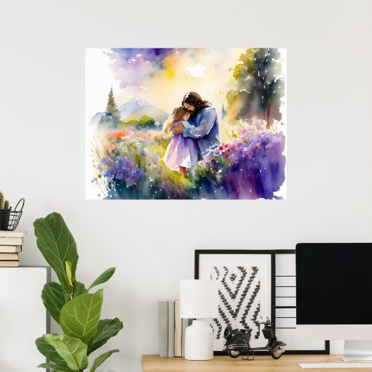 Jesus umarmt ein Mädchen im Blumengarten Poster (Heimbüro)