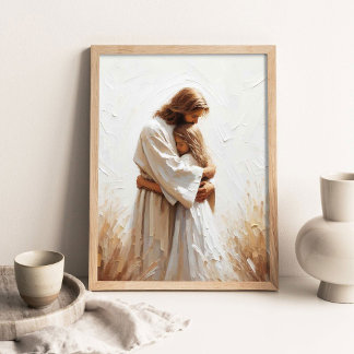 Jesus umarmt kleines Mädchen, Christliche Malerei, Poster