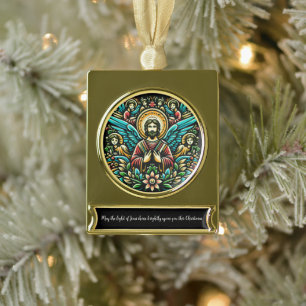 Jesus umgeben von acht Engeln und floralem Motiv Banner-Ornament Gold