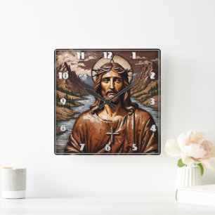 Jesus, umgeben von Bergen und Wasserlauf Quadratische Wanduhr