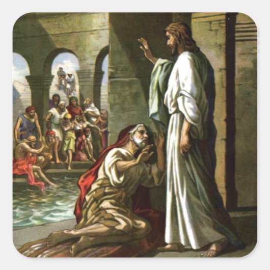 Jesus und der Mann am Pool Quadratischer Aufkleber (Vorderseite)