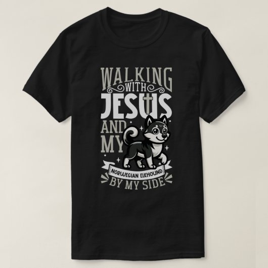 Jesus und Hund Norwegischer Elkhound T-Shirt (Design vorne)