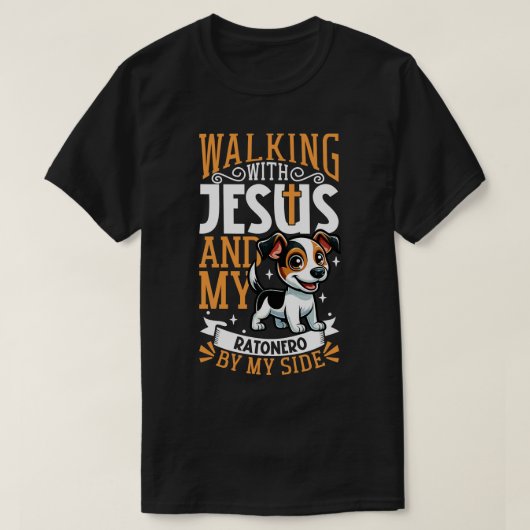 Jesus und Hund Ratonero Bodeguero Andaluz T-Shirt (Design vorne)