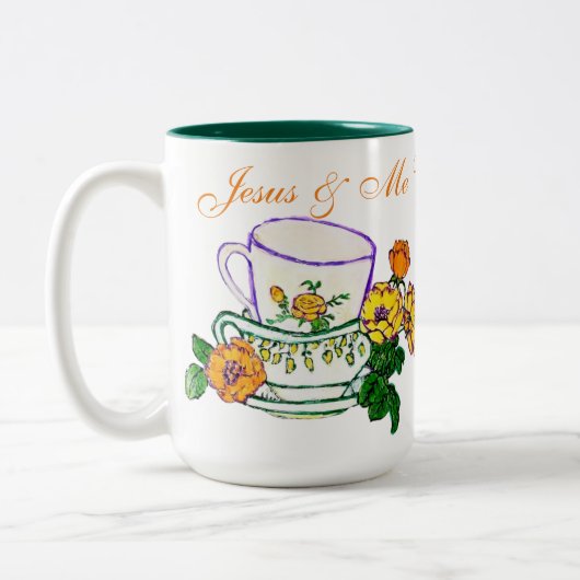 Jesus und ich mit Kaffee oder Tee Zweifarbige Tasse (Links)