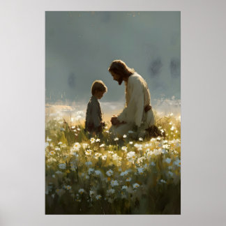 Jesus und Junge auf Wildblumenfelddruck christlich Poster