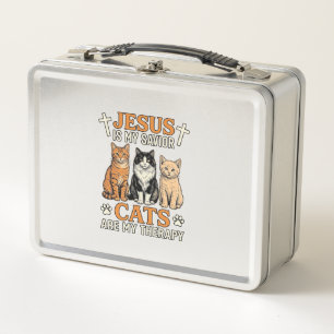Jesus und Katzen sind meine Therapie Vintage-Katze Metall Brotdose