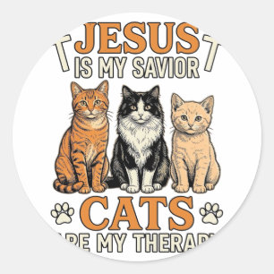 Jesus und Katzen sind meine Therapie Vintage Katze Runder Aufkleber