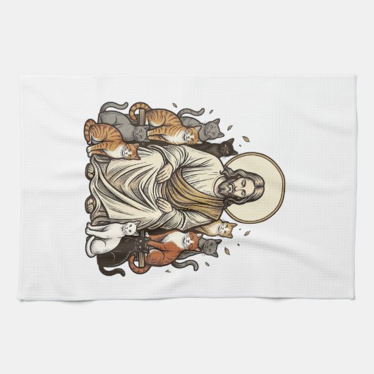 Jesus und Katzen Vintage Geschirrtuch (Horizontal)