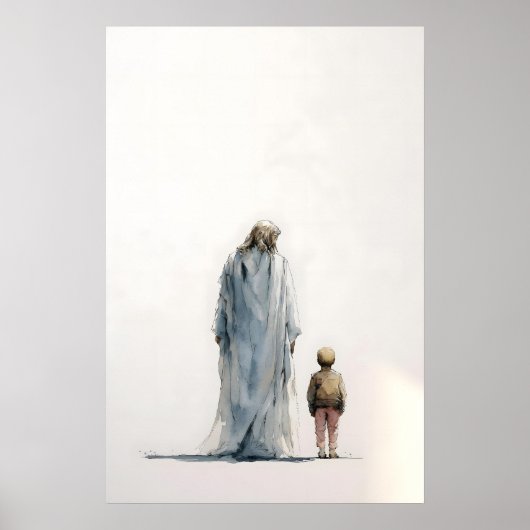 Jesus und kleiner Junge – Kontemplative Aquarellma Poster (Vorne)