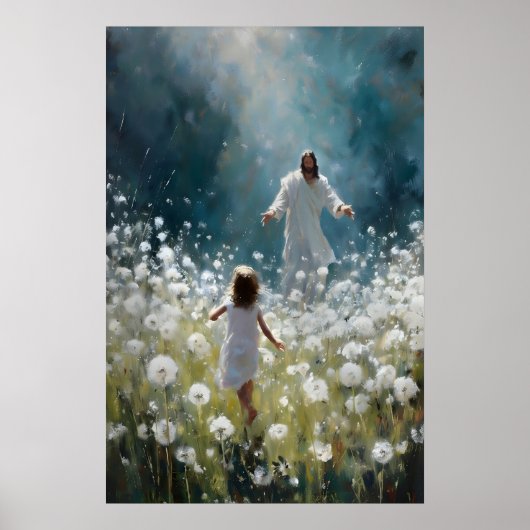 Jesus und kleines Mädchen auf einem Löwenzahnfeld Poster (Vorne)