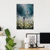 Jesus und kleines Mädchen auf einem Löwenzahnfeld Poster (Heimbüro)