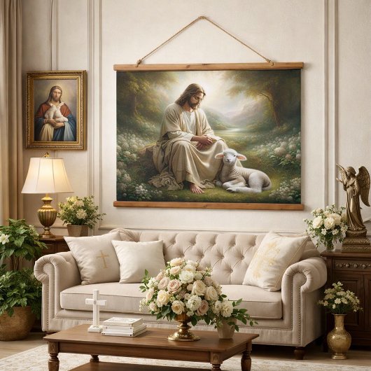 Jesus und Lamb Wandteppich Mit Holzrahmen