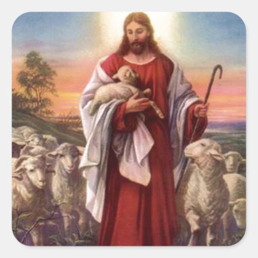 Jesus und Lämmer Quadratischer Aufkleber (Vorderseite)