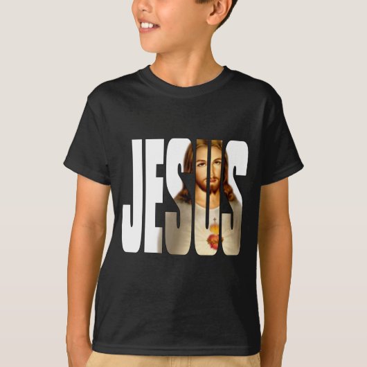 Jesus und sein Bild auf Schwarzem T-Shirt (Vorderseite)
